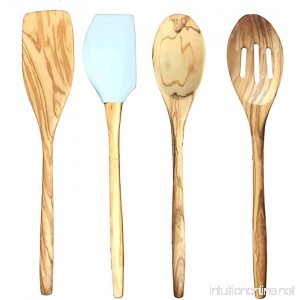 Italian Olive Wood Utensil 4 piece Set 12 inch Turner Spoon Slotted Spoon Silicone Pointed Spatula Cooking Tools - B07FCTLMDQ